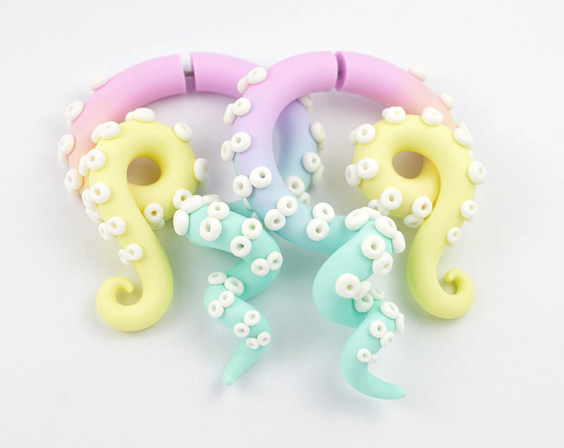 I made these pastel goth tentacle earrings with my favorite pastel colors - vanilla light yellow light pink mint green. I was inspired by yami kawaii fashion, Sweet Lolita fashion and fairy kei fashion. If you are looking for pastel goth shop or pastel goth clothing so you should definitely take a look at pastel goth accessories I make. Kpop kawaii earrings by Tania Chernova. Faux fake gauge earrings like stud earrings and ear stretchers for gauged earlobes.