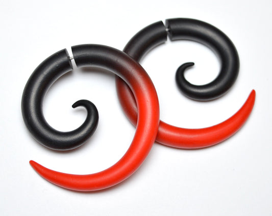 Vampire earrings or red and black earrings by Tania Chernova. Handmade halloween earrings of polymer clay, spiral gauge earrings with your colors. I have more than 60 colors so you can order unique custom earrings. Spiral gauge earrings for stretched ear lobes and fake gauge earrings. Vampire gauges by Tania Chernova. Red black ombre earrings.