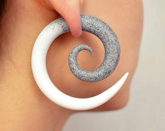 Unique spiral earrings or fake spiral ear gauges and real spiral gauges by Tania Chernova in 1g 0g 00g 000 gauge. Handmade body jewelry, fake tapers faux plugs ear stretchers. White granite ombre spiral earrings, fake gauge earrings and real ear gauges, artisan jewelry. Spiral ear pinchers, personalised jewellery. Tribal ear gauges.