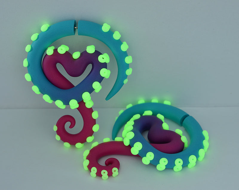 Pink Heart Earrings Night Glow Octopus Tentacle Earrings Gauges