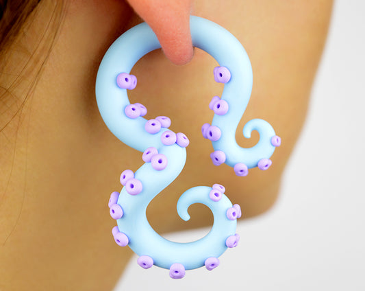 Sweet Lolita fashion style tentacle earrings by Tania Chernova. Unique yami kawaii pastel goth jewelry by Tania Chernova, aesthetic earrings. Menhera fairy kei kpop pastel colors fake gauges. Harajuku fashion fake gauge earrings. Baby blue light purple menhera kei fashion earrings. Sweet Lolita earrings.