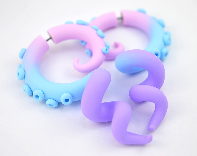 Pastel goth earrings octopus tentacle earrings by Tania Chernova. Light pink - light blue - light purple fairy kei earrings. Body jewelry by Tania Chernova. K-pop yami kawaii earrings aesthetic earrings pastel earrings fake ear gauges. Stud earrings faux plugs tapers tunnels stretchers.