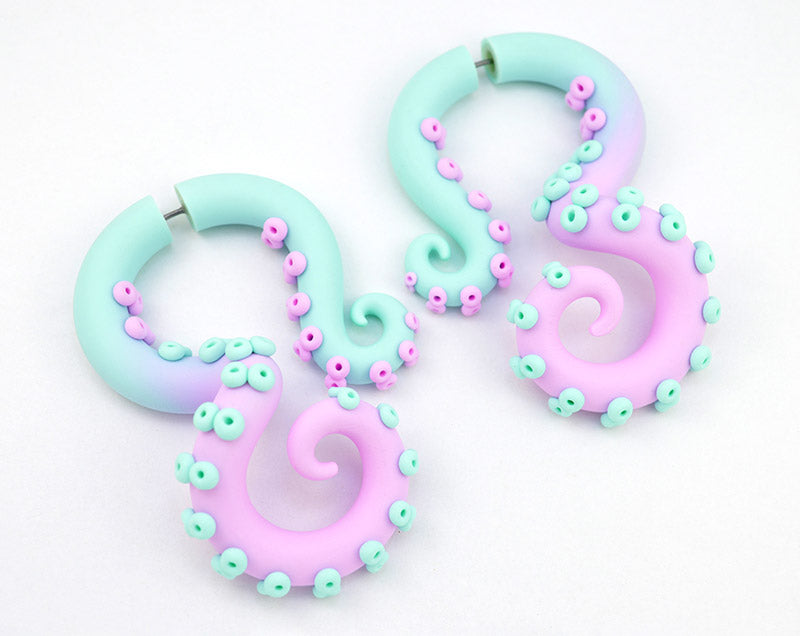 Pastel Ombre Mint and Light Pink Ear Gauges Octopus Tentacle Earrings