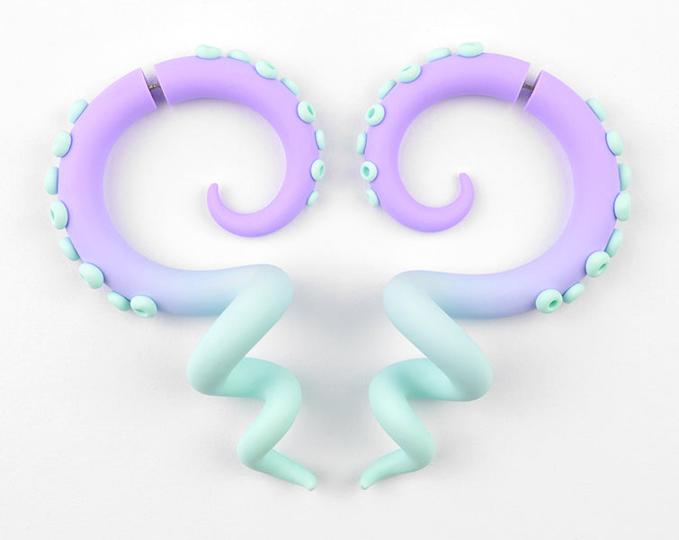 Boucles d'oreilles pieuvre violet clair menthe pastel goth fausses jauges de tentacule
