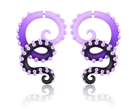 I made these octopus tentacle earrings with ombre from light purple to purple to glitter black. I make these purple tentacles both fake earrings that look real and real tentacle ear plugs. Purple goth earrings by Tania Chernova. Octopus emo earrings, aesthetic earrings.