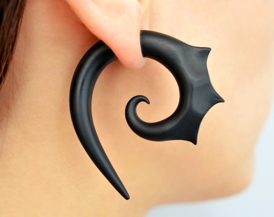 Black goth spike earrings by Tania Chernova. Handmade spiral spike gauges in 1g 0g 00g 000g and fake gauge earrings, black spiral earrings.