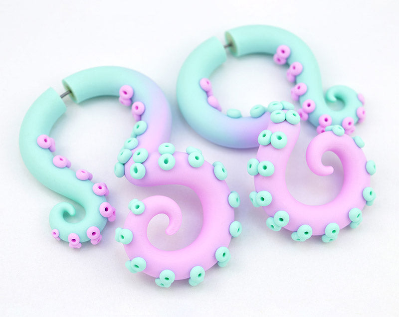 Pastel Ombre Mint and Light Pink Ear Gauges Octopus Tentacle Earrings