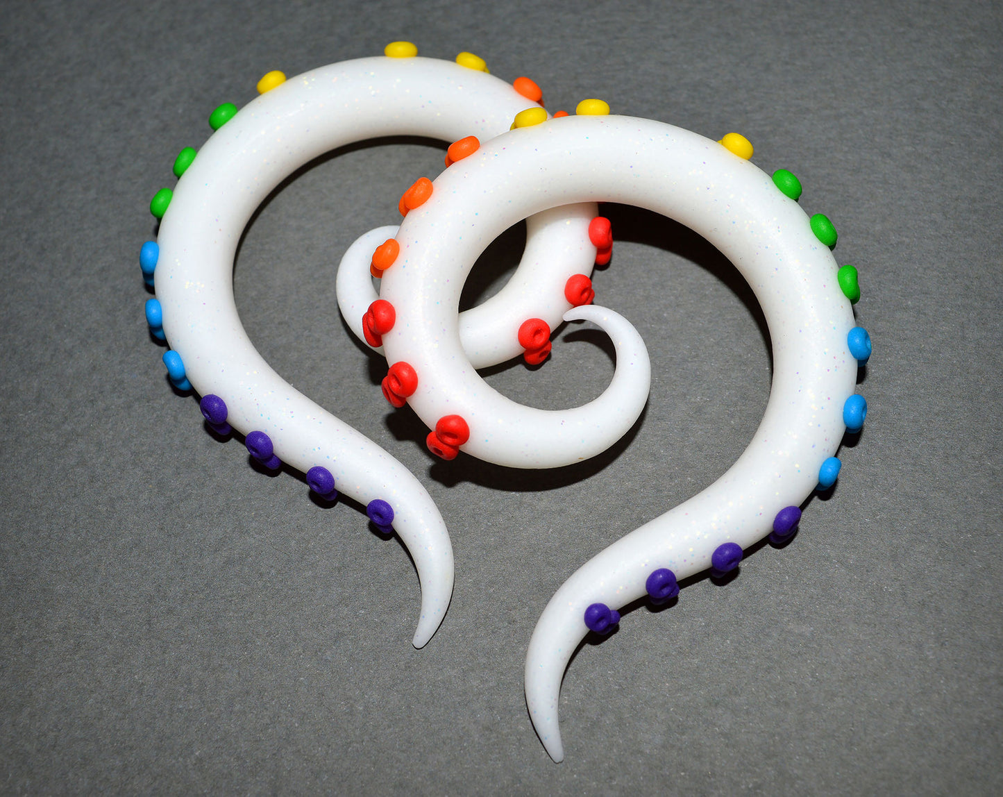 Glitter White Tentacle Earrings with Rainbow Dots Tentacle Ear Gauges