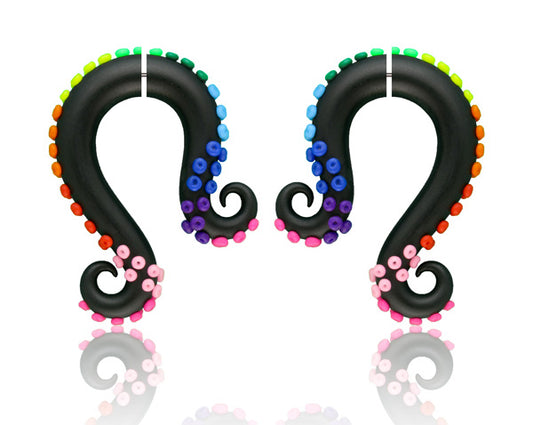 I made these little cute tentacle earrings with rainbow suction cups, rainbow earrings by Tania Chernova. Octopus tentacle gauges in 2g 1g 0g 00g 000g 7/16 0000g and fake gauge earrings like stud earrings. Real and fake body jewelry. Creepy cute earrings street fashion. Ear stretchers and fake ear stretchers.