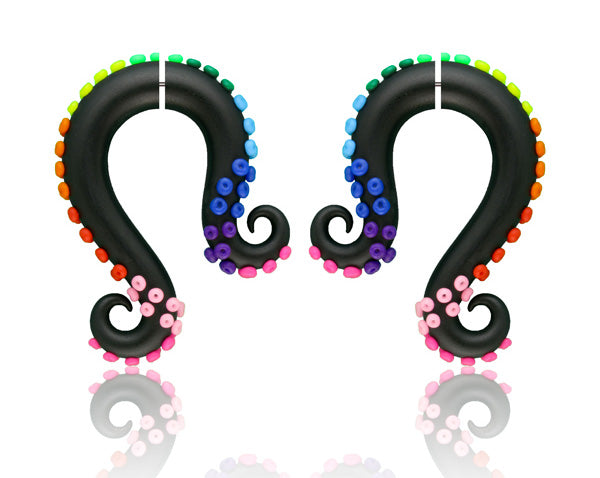 I made these little cute tentacle earrings with rainbow suction cups, rainbow earrings by Tania Chernova. Octopus tentacle gauges in 2g 1g 0g 00g 000g 7/16 0000g and fake gauge earrings like stud earrings. Real and fake body jewelry. Creepy cute earrings street fashion. Ear stretchers and fake ear stretchers.