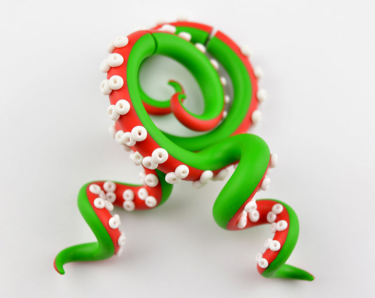 Red White and Green Christmas Lightweight Xmas Octopus Tentacle Earrings