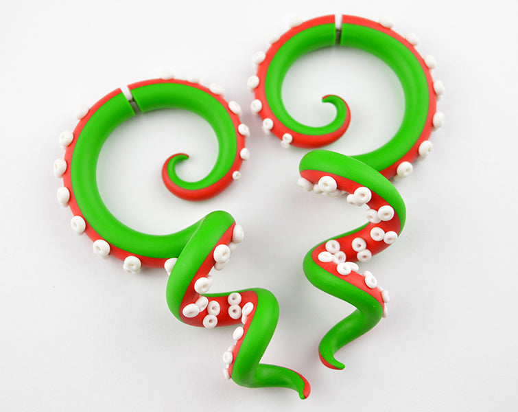 Boucles d'oreilles tentacule de poulpe de Noël léger rouge blanc et vert de Noël