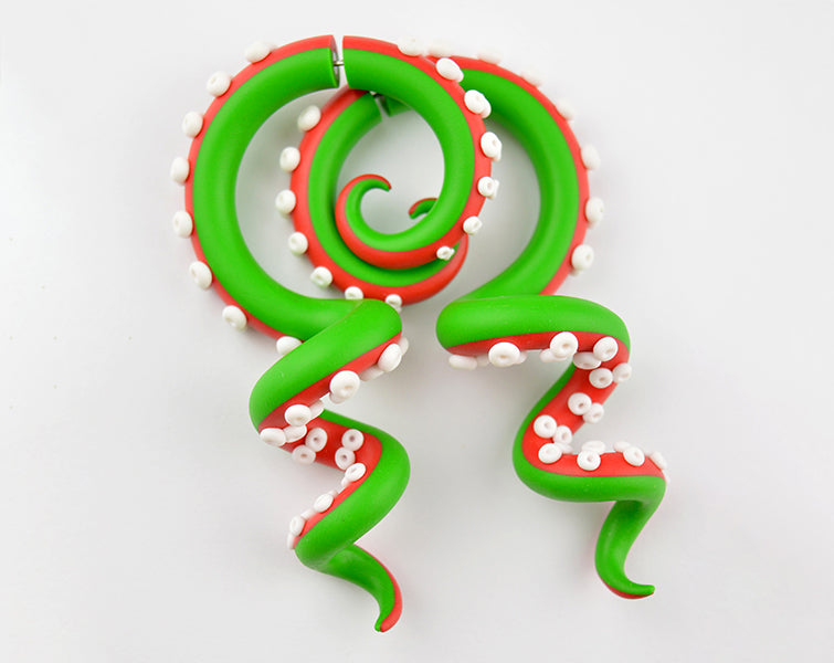 Red White and Green Christmas Lightweight Xmas Octopus Tentacle Earrings