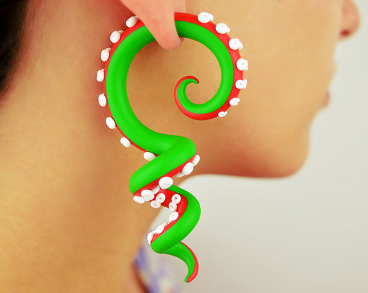 Red white and green Christmas lightweight earrings, Xmas octopus tentacle earrings by Tania Chernova, Christmas earrings, Xmas earrings. Red green earrings that look like an octopus. Fake gauge tentacle earrings with two parts. Unique earrings that will help you stand out and attract the attention of others. Fake ear plugs.