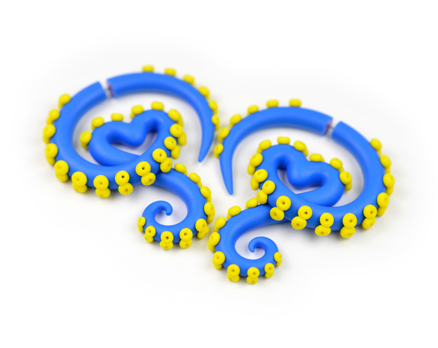 Blue Octopus Tentacle Earrings with Yellow Suckers Fake Ear Gauges Plugs