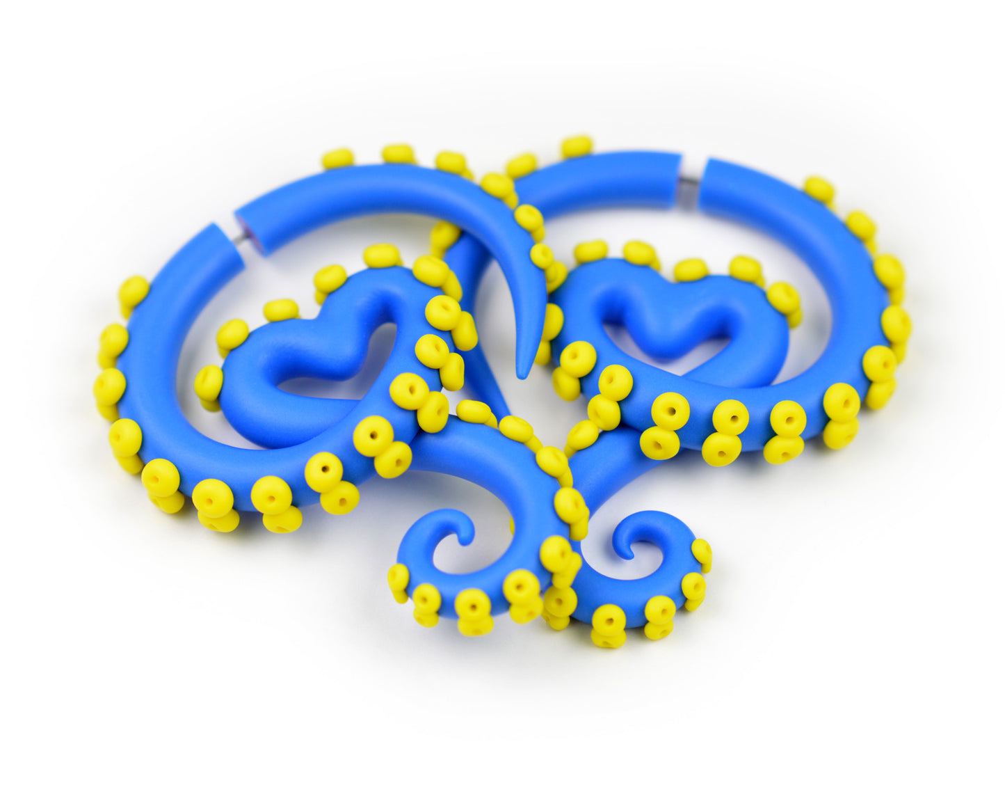 Blue Octopus Tentacle Earrings with Yellow Suckers Fake Ear Gauges Plugs