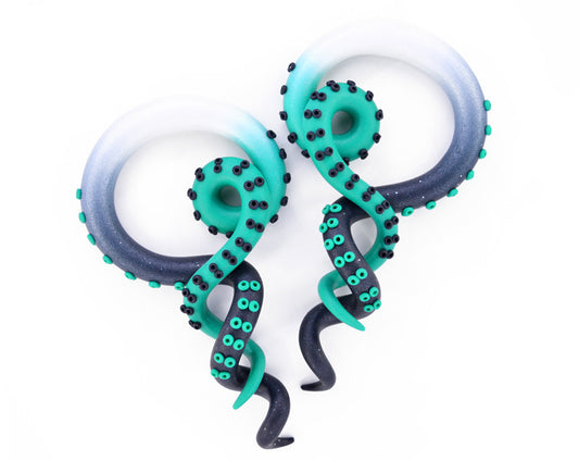 Photo shows 00g plugs 9mm tentacle gauges but I can make real ear gauges in size from 2g 6mm to 0000g 12mm and fake gauge earrings if you don't have 00g stretched ears. Use the dropdown menu to choose the type and the size for your double helix tentacle earrings.