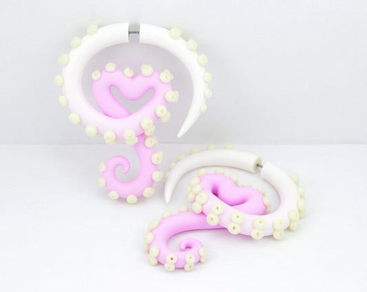 White and light pink heart yami kawaii Sweet Lolita tentacle earrings with glow in the dark suction cups.