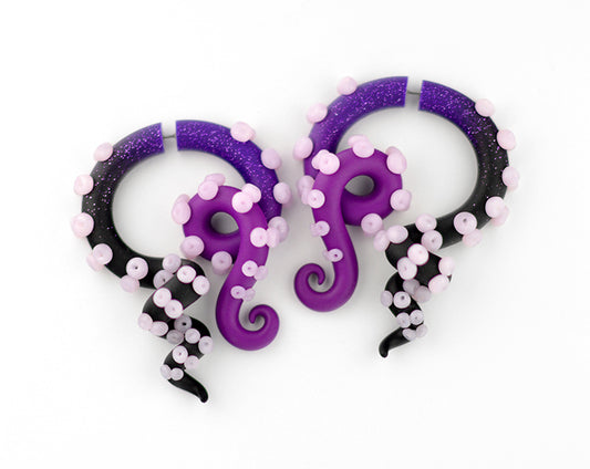 Spiral tentacle earrings space galaxy colors, purple glitter violet black tentacles with rose quartz suction cups