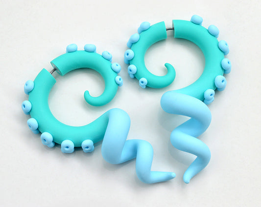 Princess Sweet Lolita tentacle earrings by Tania Chernova, pastel goth outfits aesthetic earrings. Octopus tentacle earrings for princess sweet lolita dress. Stud earrings - fake gauge earrings and real actual true ear gauge plugs tapers tunnels stretchers 1g 0g 00g 000g. Ear hangers fake pinchers body jewelry in mint and baby blue colors.