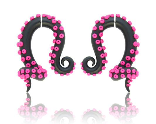 I made these octopus tentacle earrings in rose black pink kpop colors, handmade earrings by Tania Chernova. Blackpink tokyo harajuku fashion street earrings. Harajuku japanese street fashion inspired me to create these cute earrings. I make both fake ear gauges like stud earrings and real ear gauges for gauged earlobes.