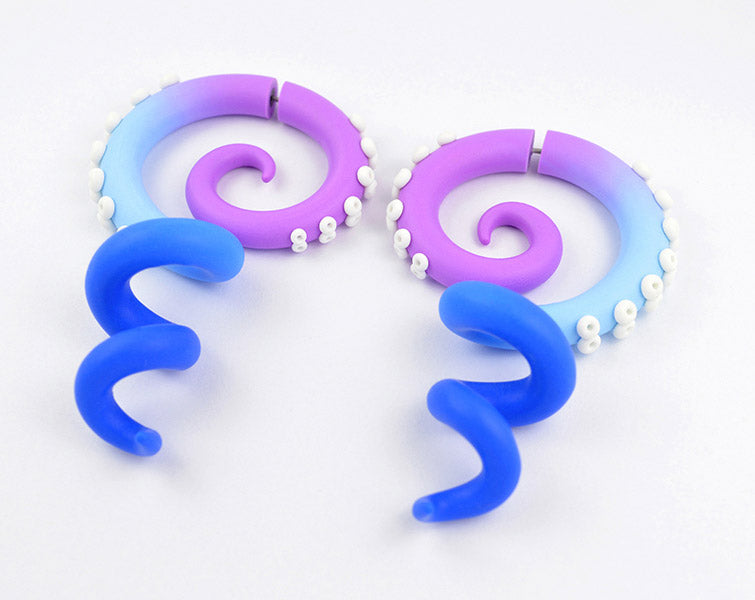 Lavender Light Blue and Blue Ombre Tentacle Gauges Octopus Earrings