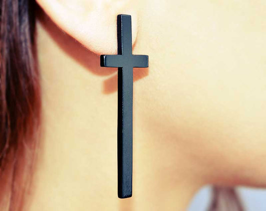 Black cross earrings, gothic fashion. You may like if you are looking for cross earrings men or cross earrings women, goth earrings are unisex. Big cross earrings puts like stud earrings. Cross gothic earrings are 6 cm long. Fit with goth makeup goth clothing goth boots gothic dress etc.