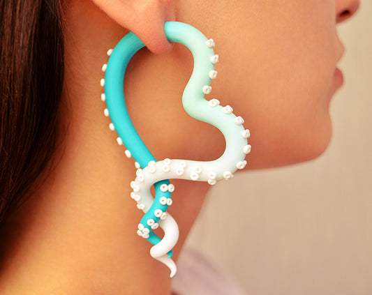 Tentacle heart earrings. White mint turquoise octopus earrings with white suction cups.