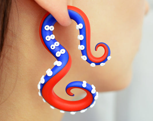 I made these tentacle earrings with United States colors so these 4th of July Earrings will good for Independence Day celebration for red blue cosplay costume or red and blue parties.