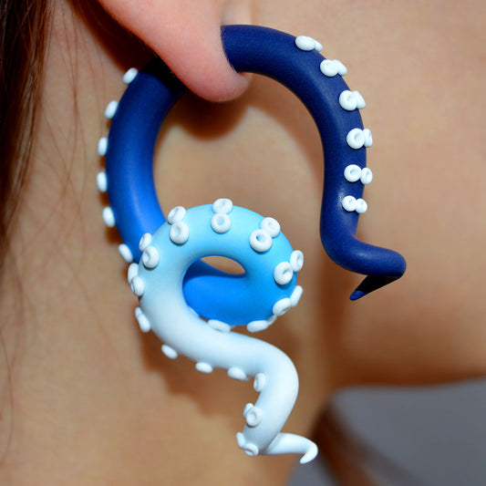 I made these tentacle earrings with navy blue to blue to white ombre. Navy blue earrings by Tania Chernova. I make both tentacle gauges and fake gauge earrings / fake plugs.