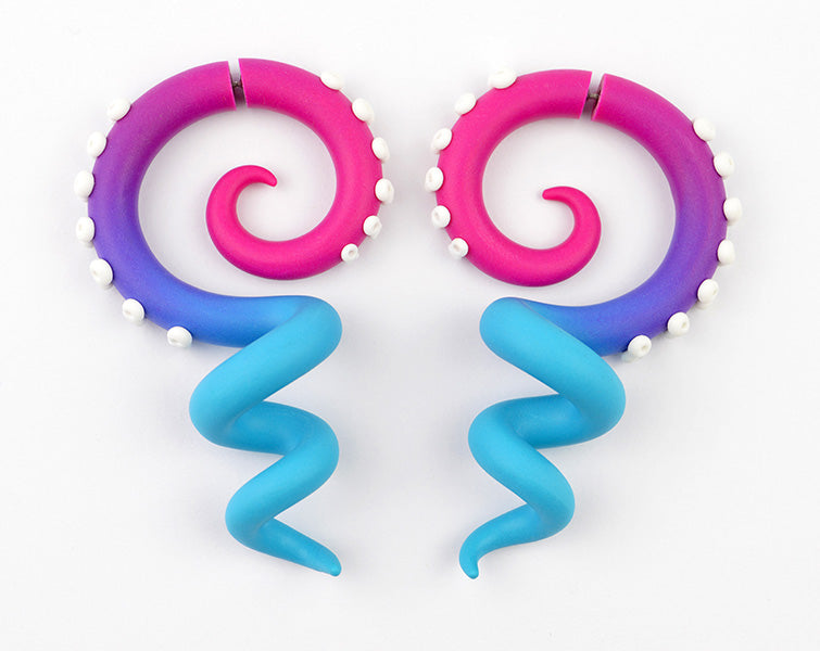 Boucles d'oreilles tentacule dégradées rose vif et turquoise Vraies et fausses jauges d'oreille