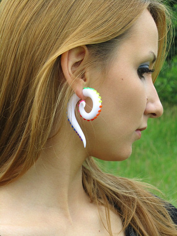 Rainbow Gauges White Tentacle Earrings with Rainbow Dots