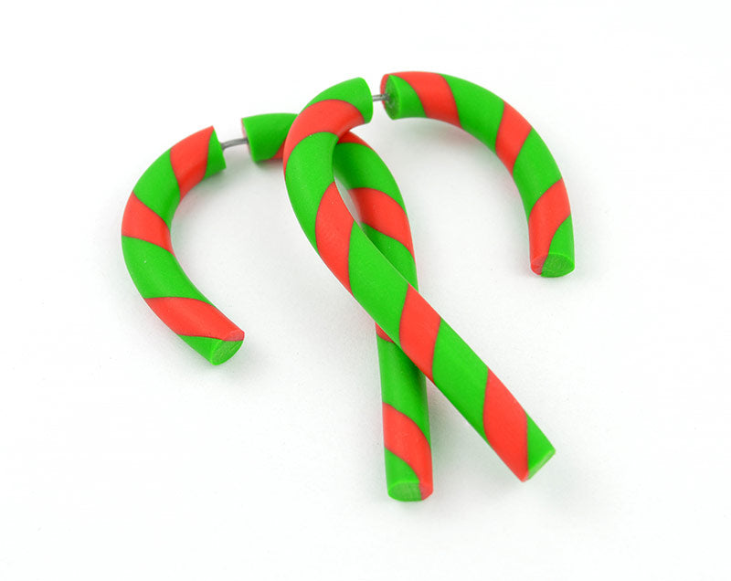Red Green Christmas Earrings Candy Cane Fake Gauges Body Jewelry
