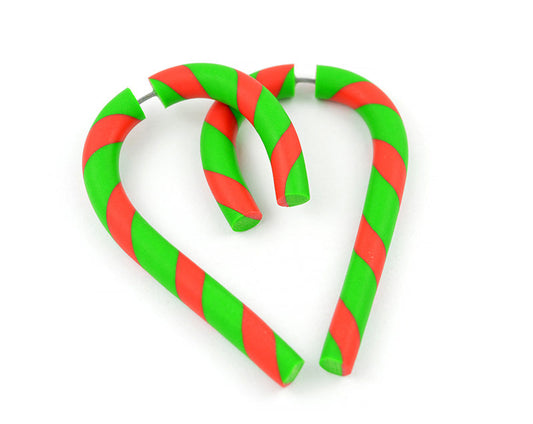 I made these christmas candy cane earrings with red and green stripes. Handcrafted christmas green and red earrings by Tania Chernova. Christmas body jewelry. I can make these christmas earrings in both fake gauges and christmas gauges for stretched earlobes.