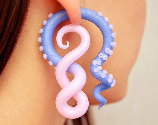 I made these tentacle gauges with rose quartz and serenity ombre. Octopus earrings can be both fake gauges and real ear gauges. Fake gauge earrings also known as fake plugs faux gauges faux plugs fake ear tapers. Real ear gauges also called ear plugs ear stretchers ear hangers. Handcrafted tentacle earrings by Tania Chernova. Blue pink earrings.