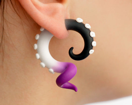 Asexual earrings for celebrate asexual pride month. I have used black, grey, white, and purple colors. I decided to make these tentacle earrings as I often get requests for small stud earrings.