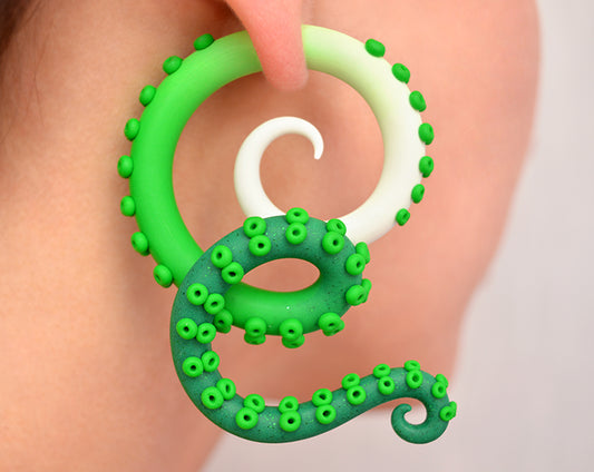 Handmade day of the tentacle earrings white green glitter green ombre octopus earrings for poison ivy costume or things to do on St. Patrick's Day, St. Patrick's Day earrings. Earrings for poison ivy halloween costume. Fake gauge earrings and ear gauges. Stud earrings and plugs for gauged ears.