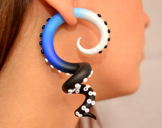 Tentacle earrings with white blue and black ombre
