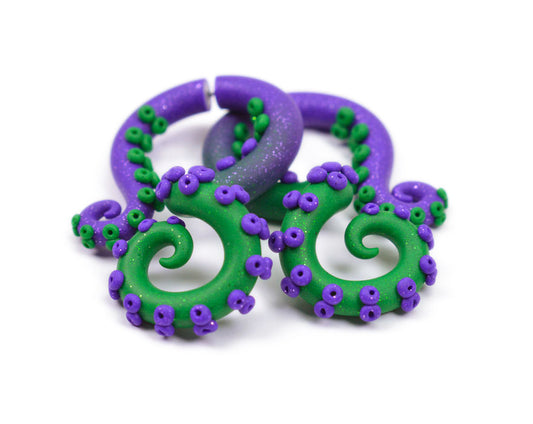 Tentacle Gauges Glitter Purple and Glitter Green Ombre Fake Gauge Earrings