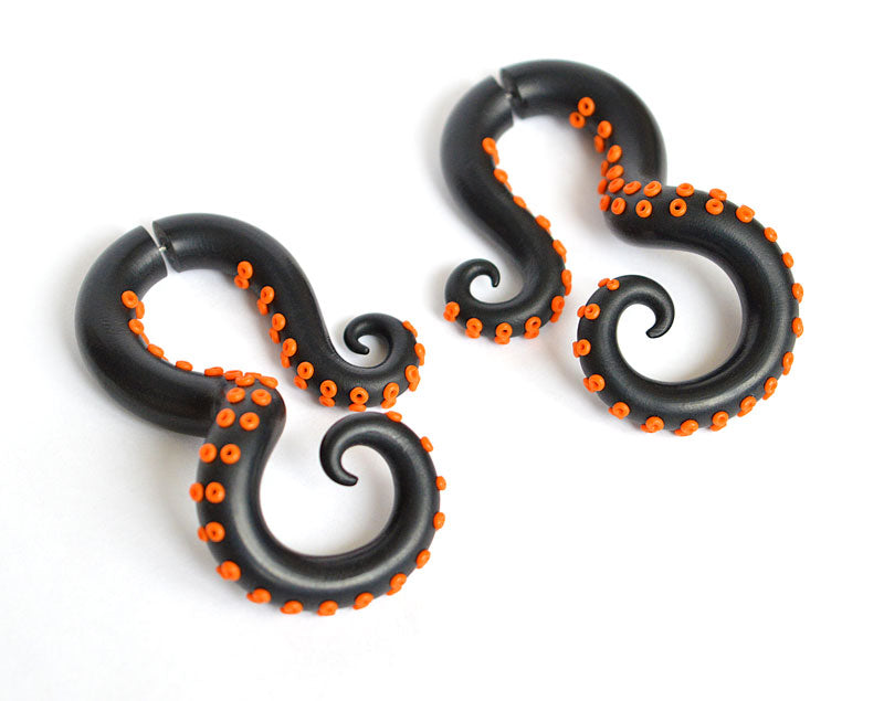 Tentacle Pumpkin Earrings Black Orange Halloween Earrings and Halloween Gauges