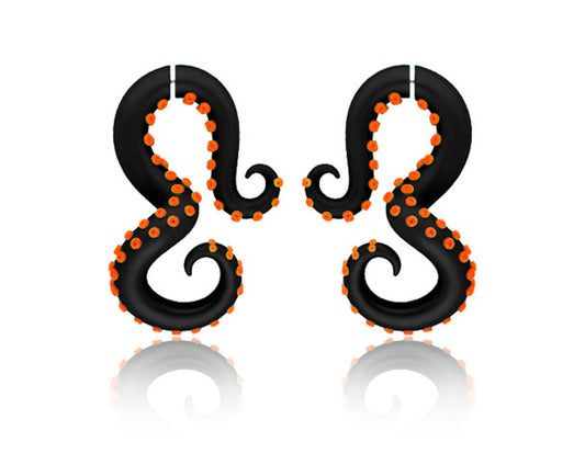 I made these tentacle pumpkin earrings with black tentacle body and orange suction cups. You can customize the color of your tentacle earrings according to your preference. I make both halloween earrings (halloween stud earrings) and halloween gauges (for gauged earlobes). Halloween earrings for halloween costumes.