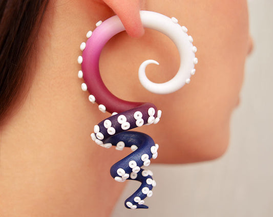 Tentacle earrings with white maroon burgundy and blue shimmer ombre.