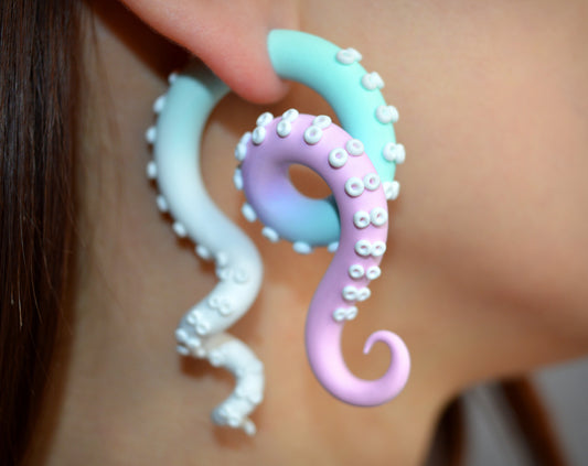 Pastel goth yami kawaii aesthetic fairy kei kpop tentacle earrings by Tania Chernova. Light pink mint white Sweet Lolita octopus earrings, faux fake tentacle gauges and 2g 1g 0g 00g 000g 7/16" 0000g actual true ear gauges. Unique custommade body jewelry. Harajuku style visual kei fake ear plugs fake ear tapers fake ear tunnels fake ear stretchers.