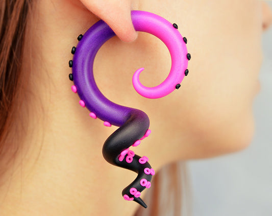 I made these unique earrings in hot pink purple black ombre, handmade octopus tentacle earrings by Tania Chernova. I make both fake ear gauges like stud earrings and real ear gauges for stretched earlobes. Actual ear plugs in 2g 1g 0g 00g 000g 7/16" 0000g. Fake ear tapers faux ear tunnels real ear stretchers ear hangers.